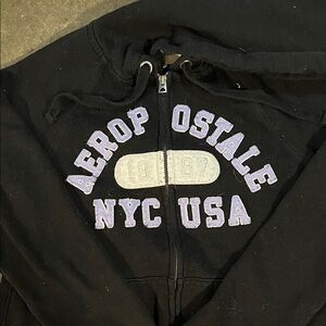 Aeropostale Black Zip-Up Hoodie with Purple and White Accents